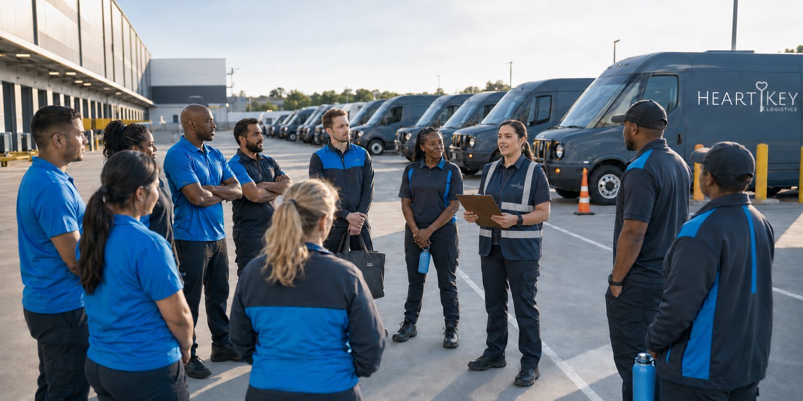 The Heart Key Logistics team at morning load-out in front of their vans