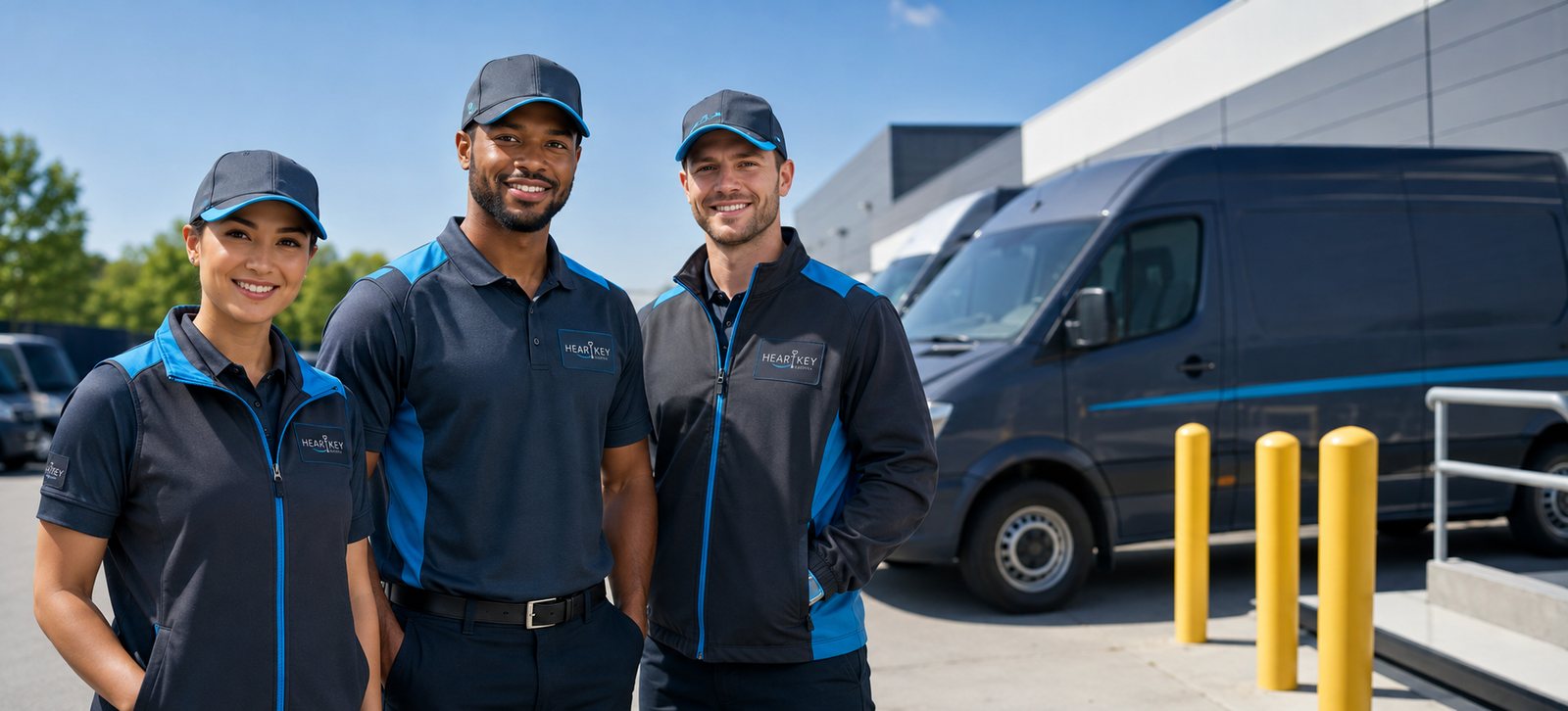 Three Heart Key Logistics team members in uniform at the station